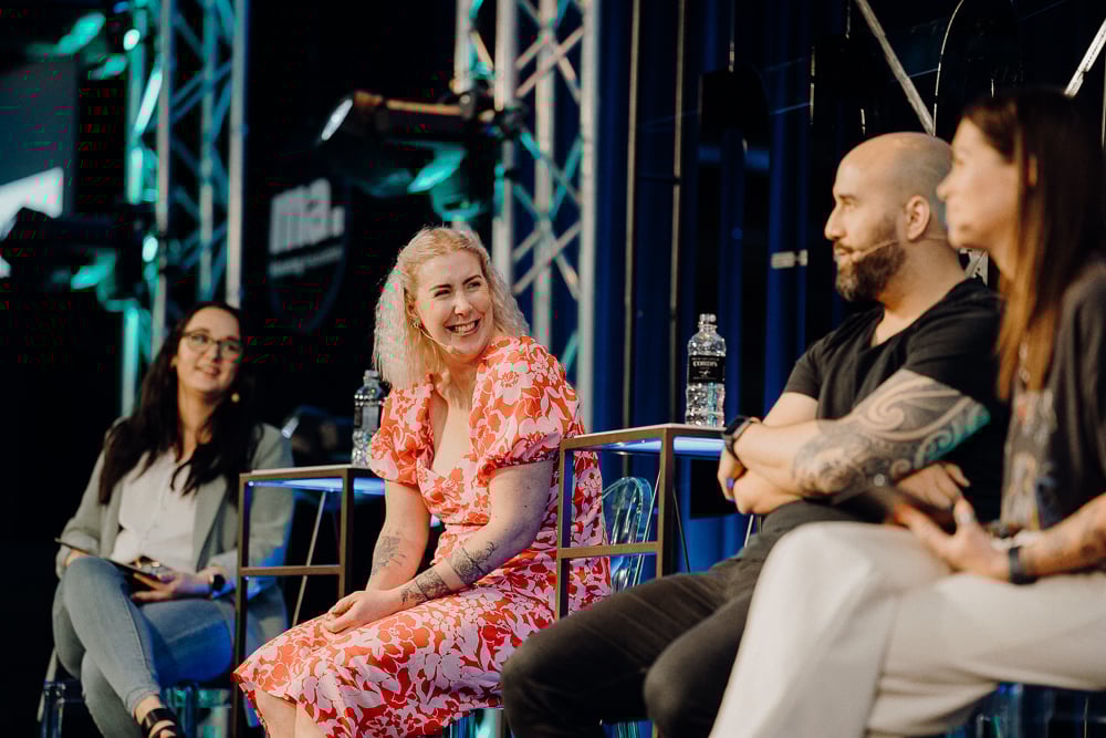 DDO2023 Rachel Crockett, Kimberley Harcombe, Stanley Henry and MC Nadia Phillips on stage