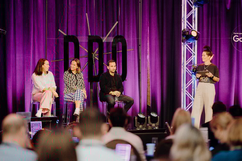 DDO2023 Ashleigh Smith, Liz Richards, Nick Dellabarca and MC Nadia Phillips on stage