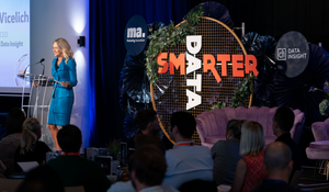 Shot of Carmen Vicelich on stage at Smarter Data 2021