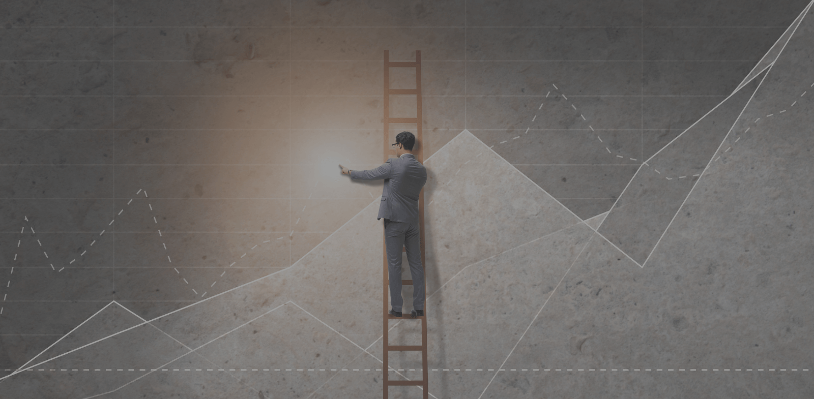 Business man on ladder analyzing growth